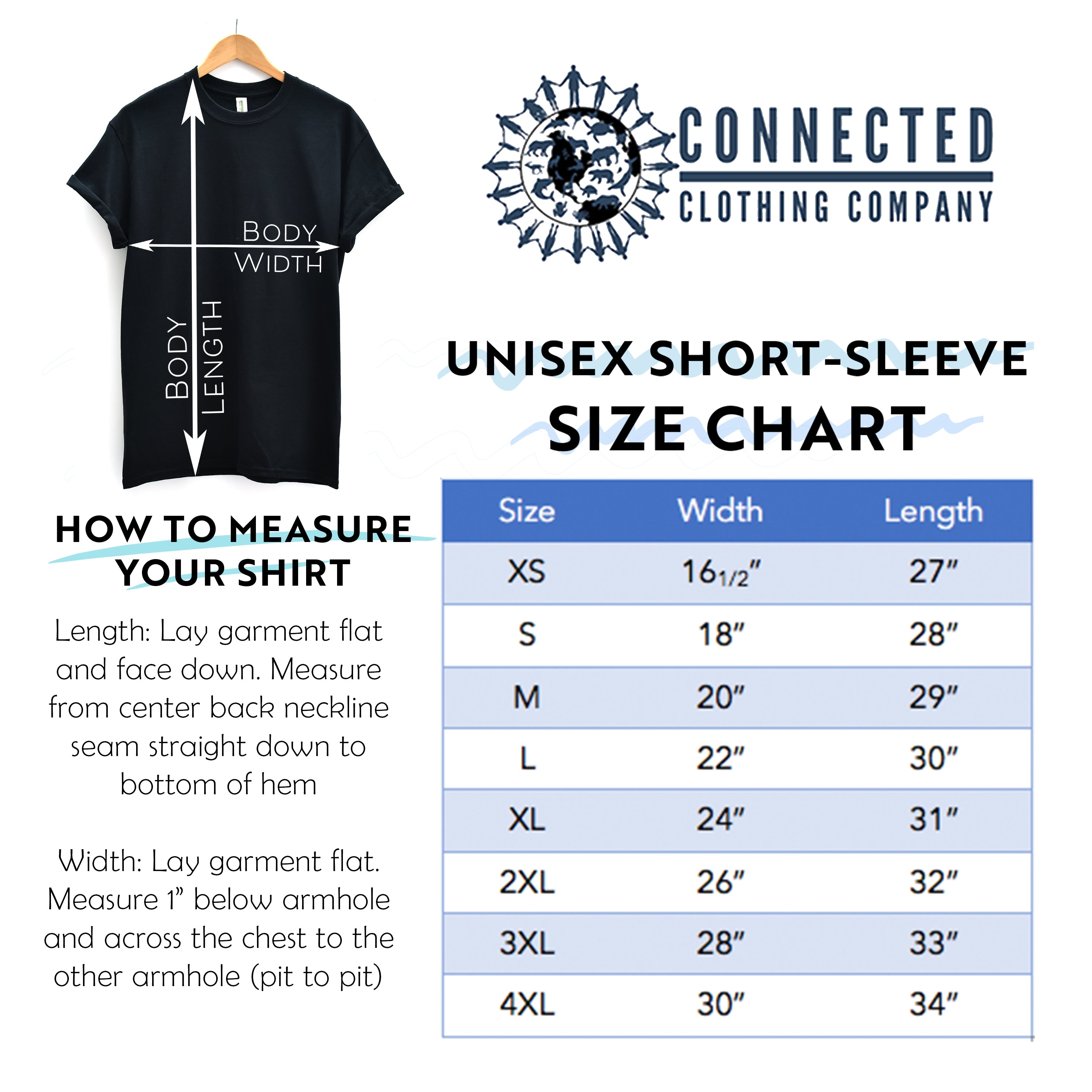 Unisex Short-Sleeve Tee Size Chart - chinesemandaringarden - Ethically and Sustainably Made - 10% donated to Mission Blue ocean conservation